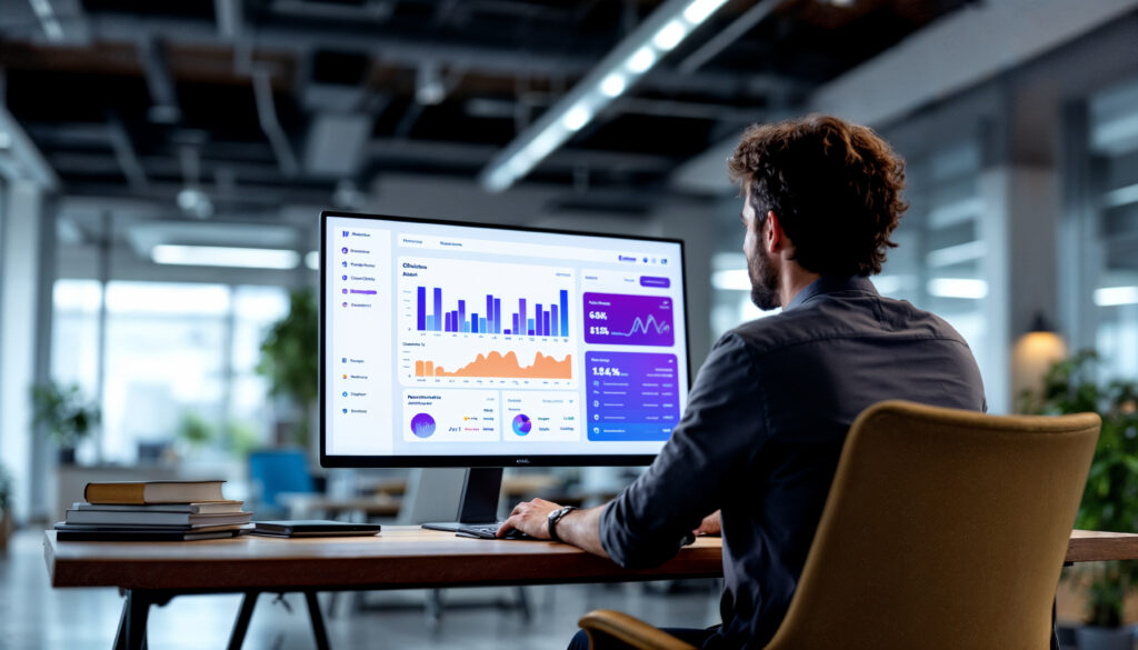 man is working computer with graph screen